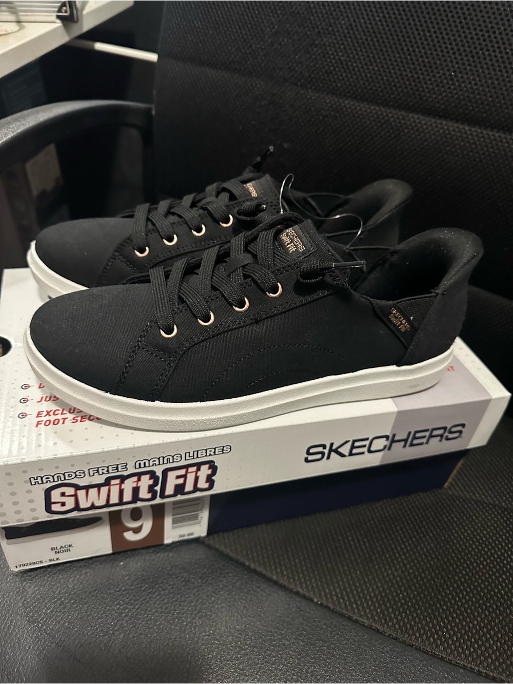 Skechers Black Sneakers with White Sole and Rose Gold Eyelets